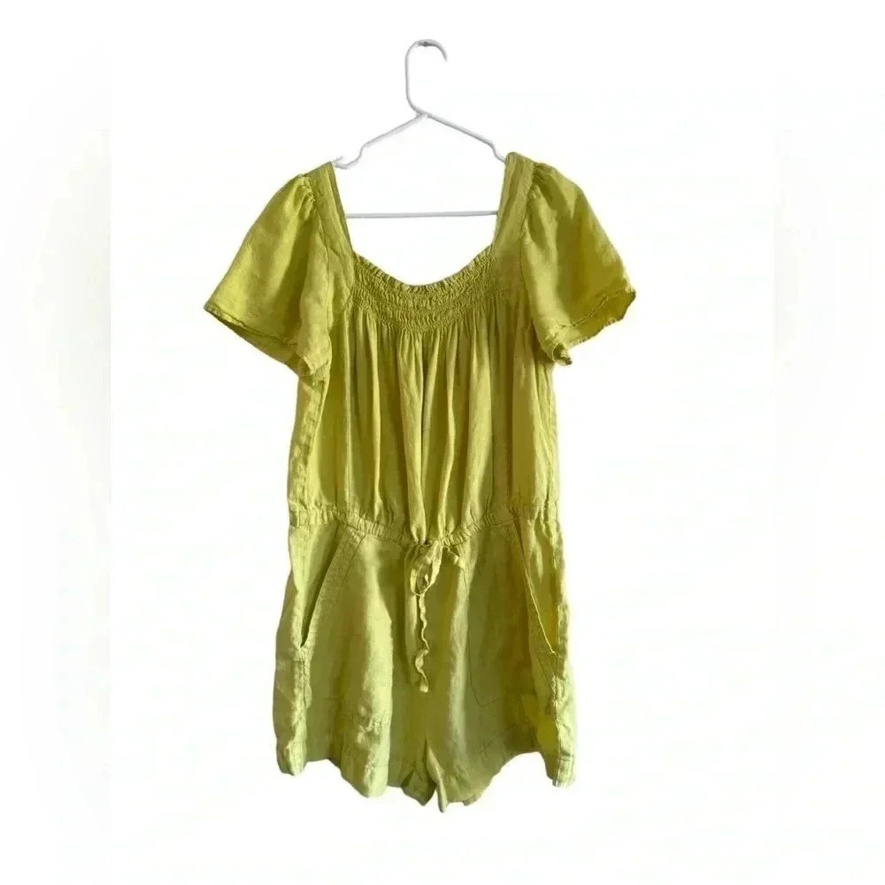 JOIE Linen Alina Romper Neon Yellow Smocked Pockets Tie Waist Keyhole Wo…